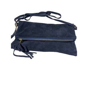 Dark Blue Suede Leather Crossbody Bag With Gold Zipper & Tassel - 9"x6"